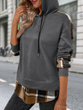CASUAL TOP FAKE PLAID STITCHING HOODIE SWEATSHIRT