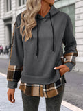 CASUAL TOP FAKE PLAID STITCHING HOODIE SWEATSHIRT