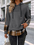 CASUAL TOP FAKE PLAID STITCHING HOODIE SWEATSHIRT