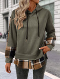 CASUAL TOP FAKE PLAID STITCHING HOODIE SWEATSHIRT