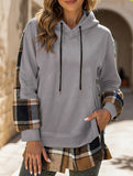 CASUAL TOP FAKE PLAID STITCHING HOODIE SWEATSHIRT
