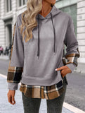 CASUAL TOP FAKE PLAID STITCHING HOODIE SWEATSHIRT