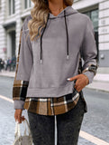 CASUAL TOP FAKE PLAID STITCHING HOODIE SWEATSHIRT