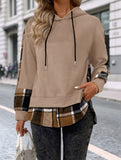 CASUAL TOP FAKE PLAID STITCHING HOODIE SWEATSHIRT