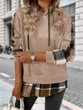 CASUAL TOP FAKE PLAID STITCHING HOODIE SWEATSHIRT
