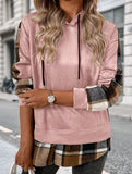 CASUAL TOP FAKE PLAID STITCHING HOODIE SWEATSHIRT
