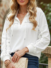 Solid color lace-paneled hooded sweatshirt