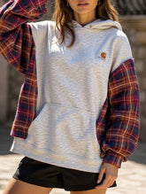 grey and red checkered pattern hooded sweatshirt