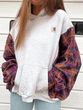 grey and red checkered pattern hooded sweatshirt