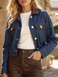 Button-embellished leather collar denim jacket