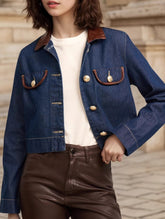 Button-embellished leather collar denim jacket