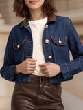 Button-embellished leather collar denim jacket