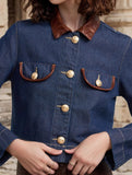 Button-embellished leather collar denim jacket