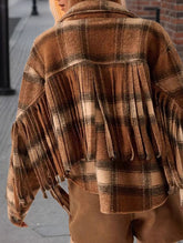 Retro plaid sleeve side fringe short coat