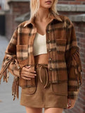 Retro plaid sleeve side fringe short coat