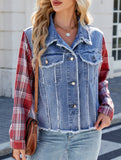 Washed long-sleeved plaid tassel denim jacket