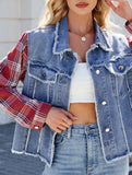 Washed long-sleeved plaid tassel denim jacket