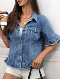 fringed hem short-sleeved denim jacket
