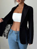 Color-blocked lace waist-cinching A-line suit jacket