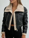 Short zippered motorcycle style PU leather jacket