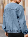 Washed loose-fitting crew neck zip-up denim jacket_CWOJA01692