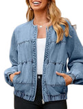 Washed loose-fitting crew neck zip-up denim jacket_CWOJA01692