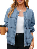 Washed loose-fitting crew neck zip-up denim jacket_CWOJA01692