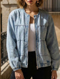 Washed loose-fitting crew neck zip-up denim jacket_CWOJA01692