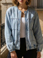 Washed loose-fitting crew neck zip-up denim jacket_CWOJA01692