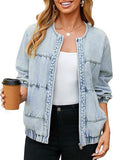 Washed loose-fitting crew neck zip-up denim jacket_CWOJA01692