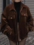 Brown Corduroy Lapel Casual Jacket for Women