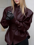 Moto Style Stand Collar Tie Waist Jacket