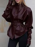 Moto Style Stand Collar Tie Waist Jacket