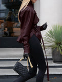 Moto Style Stand Collar Tie Waist Jacket
