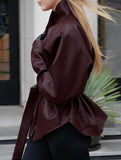 Moto Style Stand Collar Tie Waist Jacket