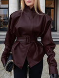 Moto Style Stand Collar Tie Waist Jacket