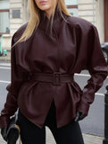 Moto Style Stand Collar Tie Waist Jacket