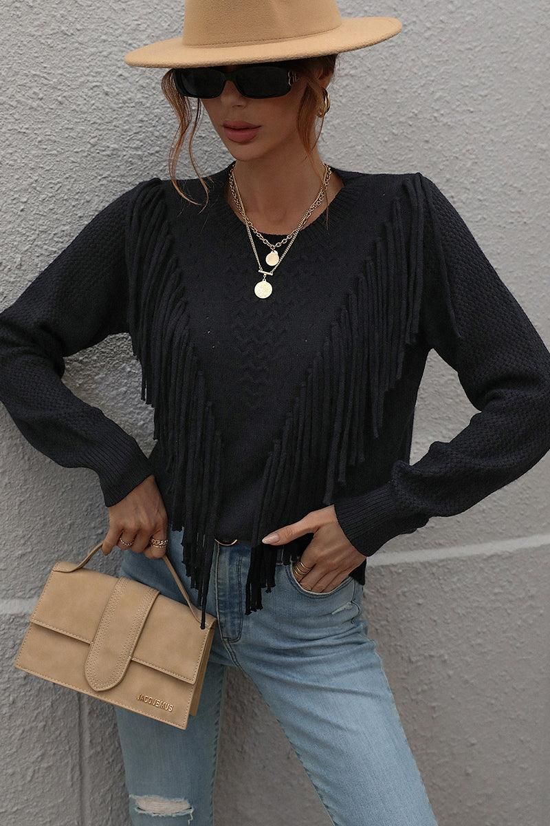 FRONT TASSEL DETAILED KNIT SWEATER TOP - Doublju