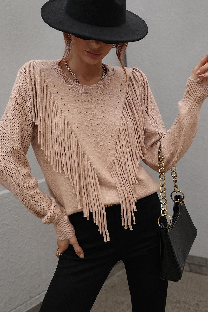 FRONT TASSEL DETAILED KNIT SWEATER TOP - Doublju