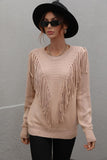 FRONT TASSEL DETAILED KNIT SWEATER TOP - Doublju