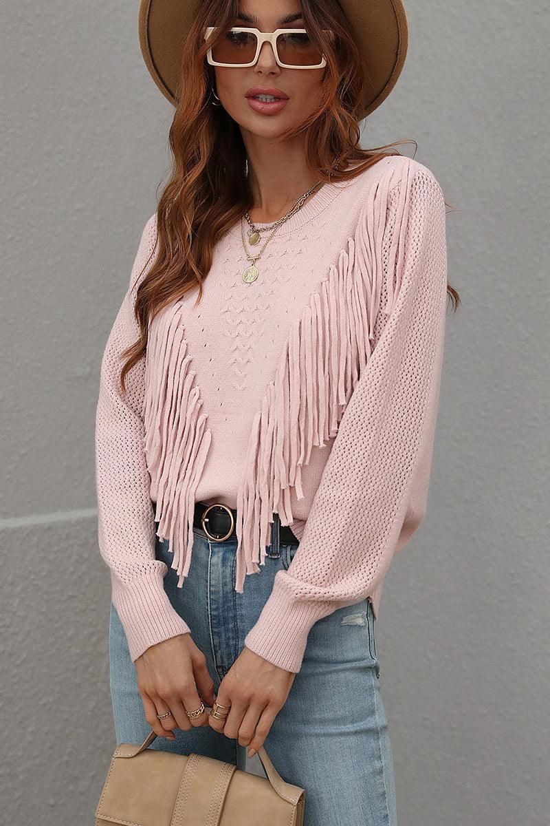 FRONT TASSEL DETAILED KNIT SWEATER TOP - Doublju