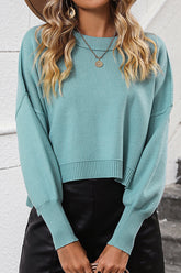 WOMEN RIBBED HEM FITTED SLEEVE KNIT JUMPER TOP