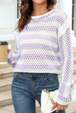 STRIPED COLOR BLOCK CREW NECK HOLLOW KNIT SWEATER