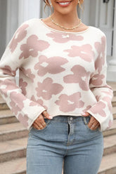 FLOWER PRINTING LOOSE FIT SHORT PULLOVER SWEATER