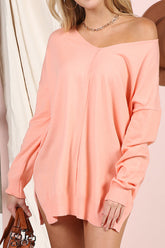 V Neck Loose Fit Tunic Length Soft Sweater Top