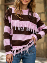 Color-blocked hand-knit tassel sweater