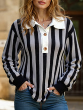 Solid color striped crew neck pullover sweater