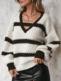 Knitted patchwork contrast color V-neck sweater