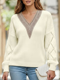 Lace stitching V-neck casual sweater