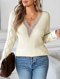 Lace stitching V-neck casual sweater